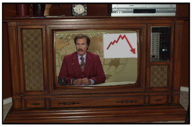 Wood paneling:  Check.  8-Track player:  Check.  Ron Burgundy:  Check.  It must be the 70s.